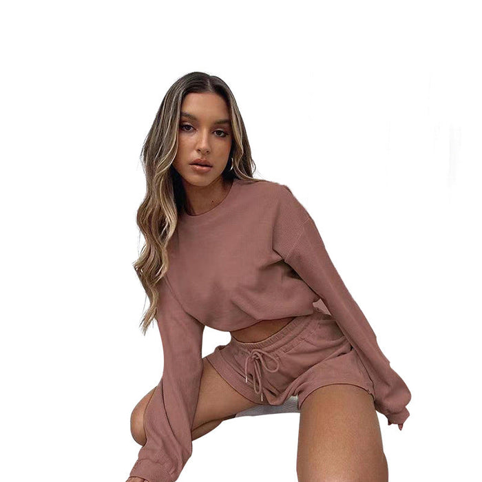 Color-Autumn Winter Solid Color Loose round Neck Shorts Women Urban Casual Long Sleeve Sweatshirt Suit-Fancey Boutique