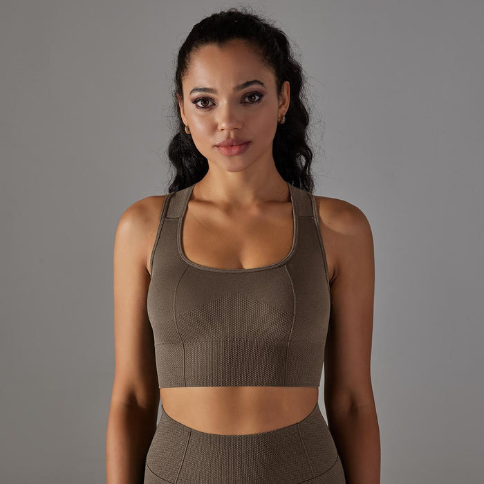 Color-Elastic Bra-Dark Coffee-Solid Color Beauty Back Fitness Underwear Sports Women Seamless Knitted Gathering Vest Shockproof Workout Bra-Fancey Boutique