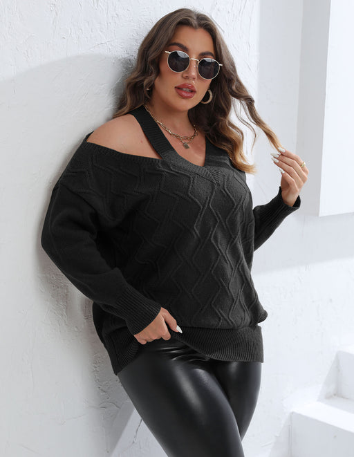 Color-Women Autumn Winter Pullover Top plus Size Women Clothes Personalized off Shoulder Woven Sweater V neck Sweater-Fancey Boutique