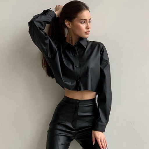 Color-Women Clothing Women Autumn Winter Batwing Long Sleeve Cropped Solid Color Faux Leather Shirt Women Shirt-Fancey Boutique