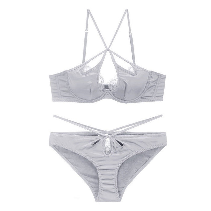 Color-Gray Suit-French Sexy Underwear Glossy Cutout Eyelash Lace Thin Soft Steel Ring Criss Cross Strap Push up Bra Set-Fancey Boutique