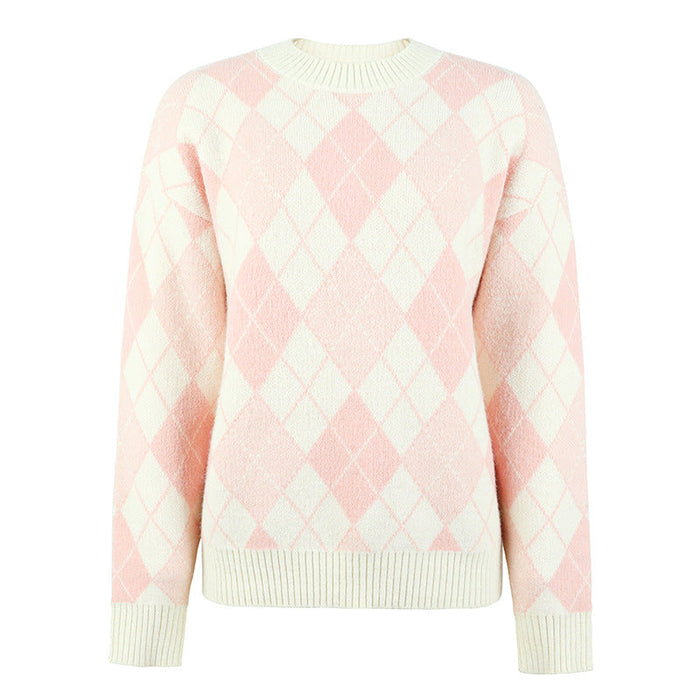 Color-Pink-Pullover Women Autumn Winter Loose Rhombus Casual Sweater-Fancey Boutique