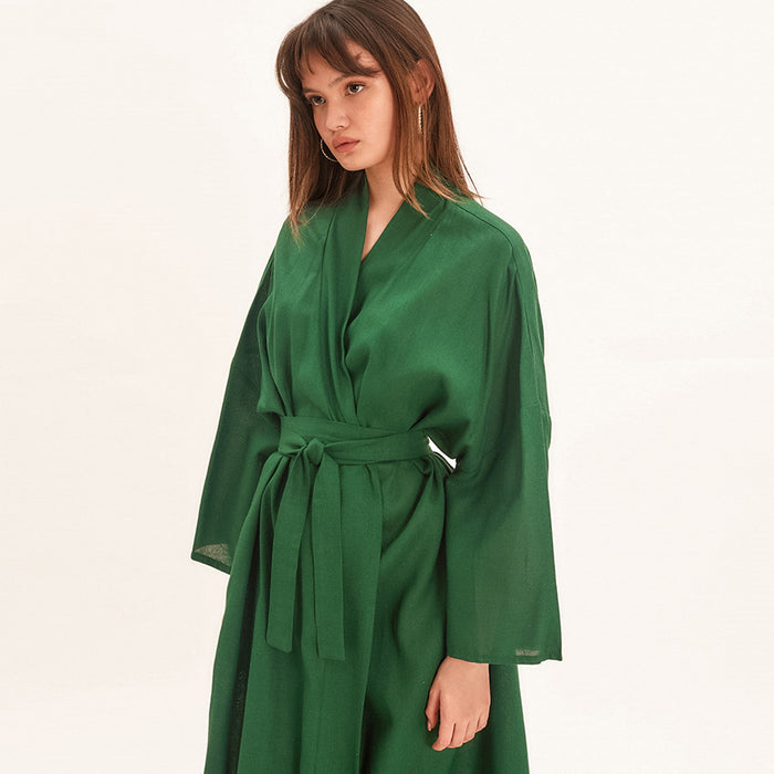 Color-Autumn Cotton Linen Long Sleeve Nightgown Long Green Pajamas Ladies Home Bathrobe Comfortable Loose Bathrobe-Fancey Boutique