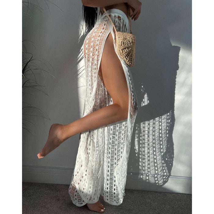 Color-White-Vacation Sexy See through Mesh Hollow Out Split Strap Knitted Mop Beach Pants Women-Fancey Boutique