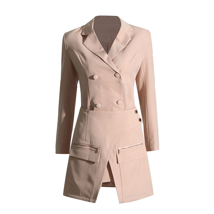 Color-Khaki-Autumn Fashionable Blazer Irregular Asymmetric Design High Waist Skirt Two Piece Suit-Fancey Boutique