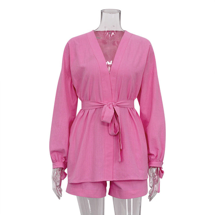 Color-Pink-Summer Long Sleeve Shorts Two-Piece Belt Design Casual Women Clothing-Fancey Boutique
