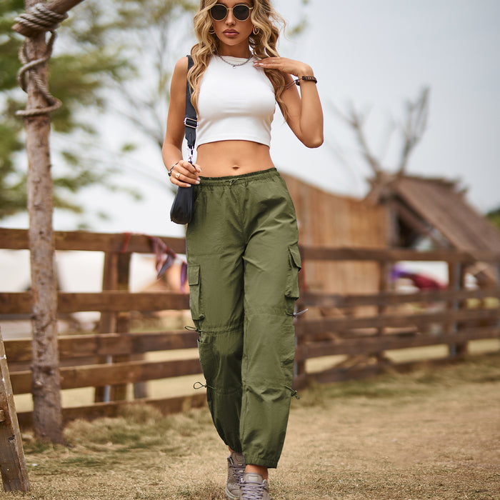 Color-Multi Pocket Ankle Tied Lace Up Adjustable Straight Cargo Pants Casual Pants Women-Fancey Boutique