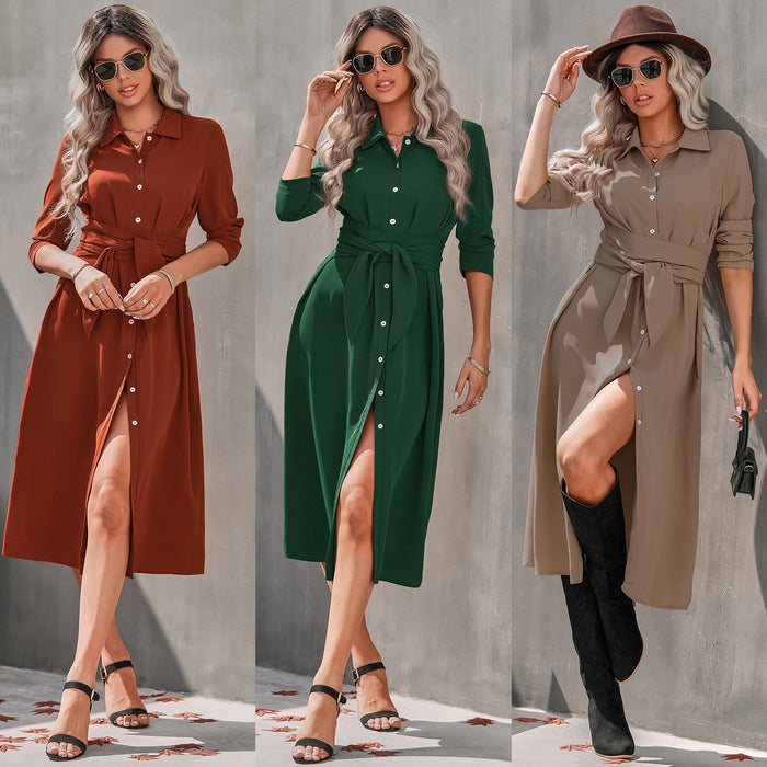 Color-Dress Early Autumn Elegant Slim Single-Breasted Shirt Dress-Fancey Boutique