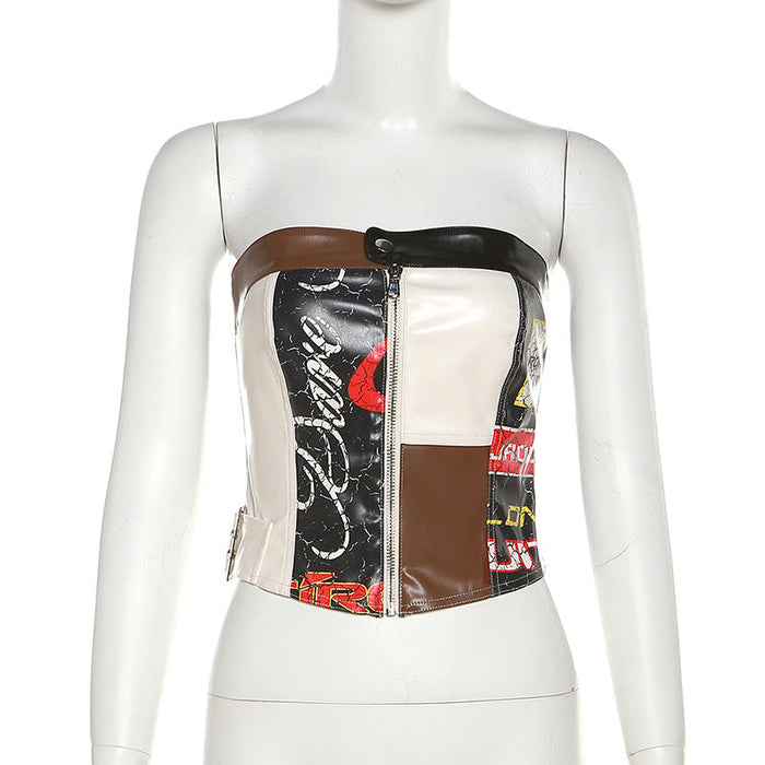 Color-Black-Summer Women Clothing Wrapped Chest off Neck Slim Retro Printed Zipper Vest for Women-Fancey Boutique