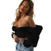 Color-Black-Summer Sexy Printing Flare Sleeve Pleated Crop-Top Short Top Women-Fancey Boutique