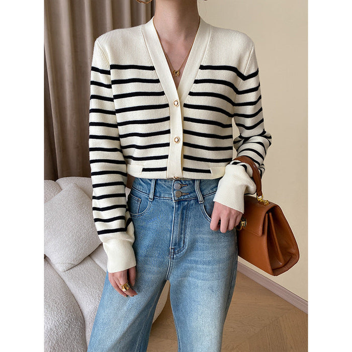 Color-Fashionable French Contrast Color Striped Early Autumn V neck Office All Matching Knitted Cardigan Design-Fancey Boutique