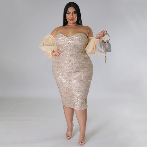 Color-Plus Size Sexy Sequ Dress Tube Top Mesh Solid Color Evening Dress Tight Sexy Hip-Fancey Boutique