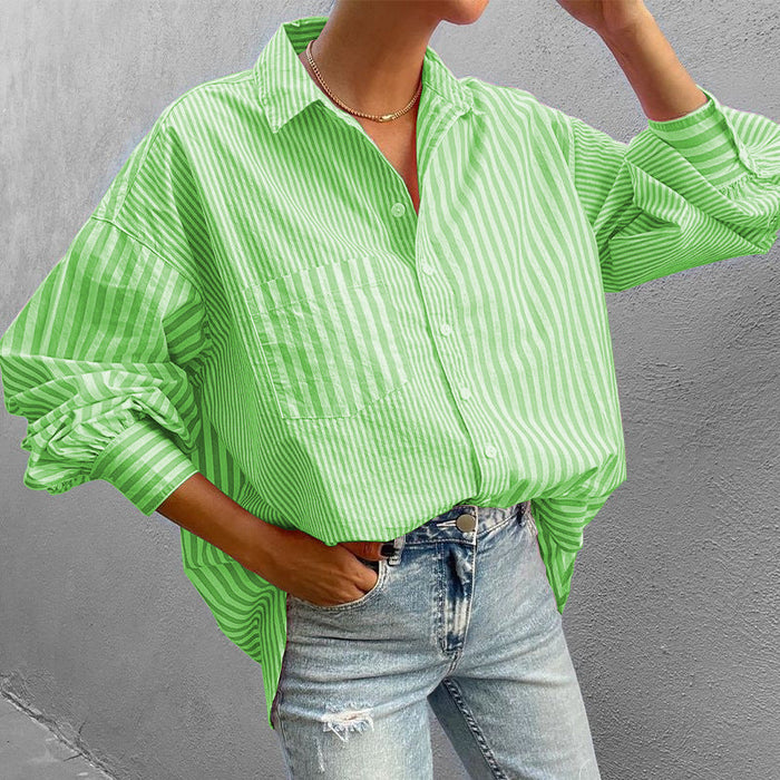 Color-Green-Autumn Women Clothing Collared Loose Long Sleeve Striped Shirt-Fancey Boutique