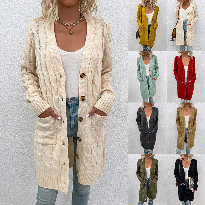 Color-Knitwear Autumn Winter Long Cable-Knit Sweater Women Button Cardigan-Fancey Boutique