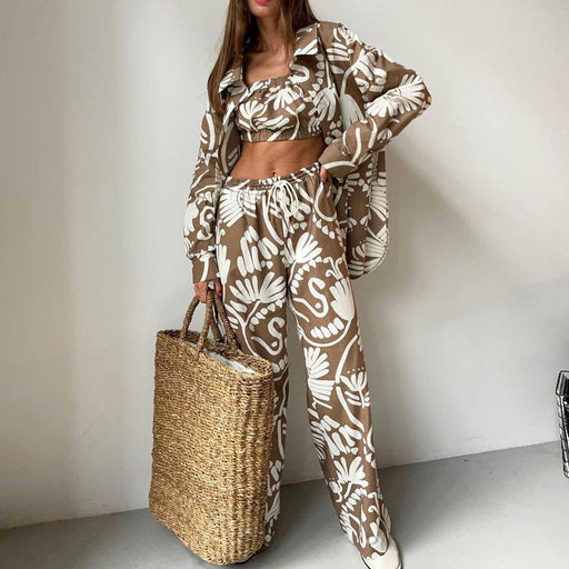 Color-Brown-Early Autumn Long Sleeved Shirt Tube Top High Waist Trousers sets Printing Women Wear-Fancey Boutique