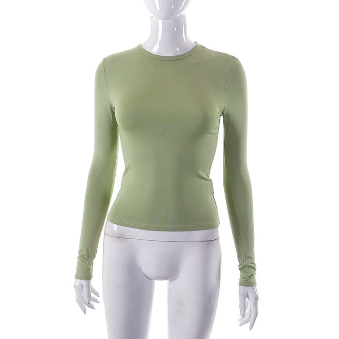 Color-Light Green-Women Clothing Spring Solid Color round Neck Long Sleeve Basic Top-Fancey Boutique