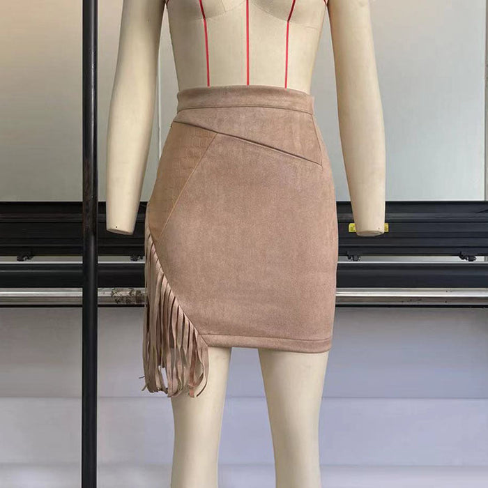 Color-Brown-Tassel Leather Skirt Skirt Suede Skirt Stitching Irregular Asymmetric High Waist Sexy Hip Skirt Short Skirt-Fancey Boutique