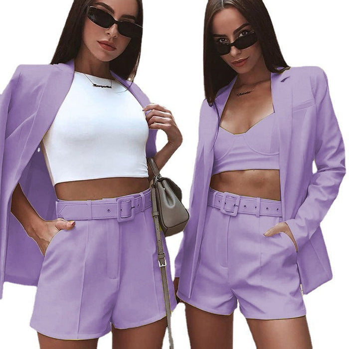 Color-Top Shorts Suit with belt Sexy Women Casual Polo Collar Cardigan-Fancey Boutique