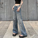 Color-Street Graffiti Washed Blue High Waist Jeans Hip Hop Sexy Loose Mopping Straight Leg Overalls-Fancey Boutique