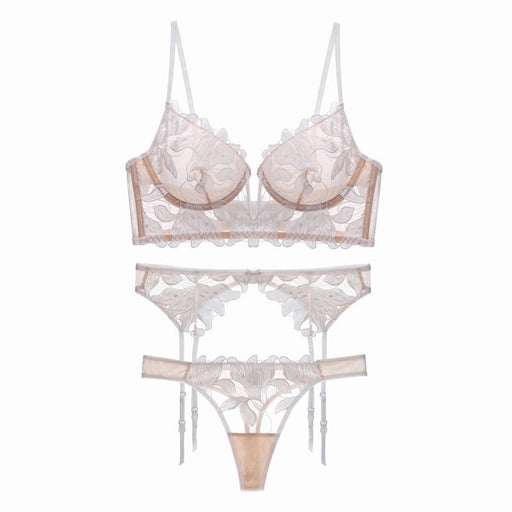 Color-Skin-white-Underwear 3 Piece Suit with Steel Ring Push up Deep V Plunge Plunge Ultra-Thin Yarn Embroidered Sexy Bra Garter Underwear-Fancey Boutique