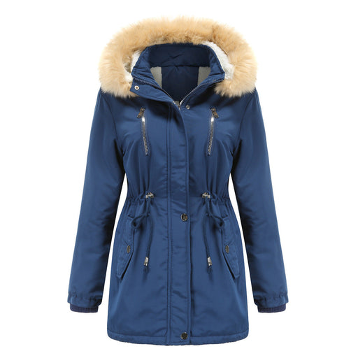 Color-Navy Blue-Autumn Winter Women Clothing Thick Lambskin Cotton-Padded Coat Women Loose Women Cotton Clothes Removable Hat Fleece Padded Coat-Fancey Boutique