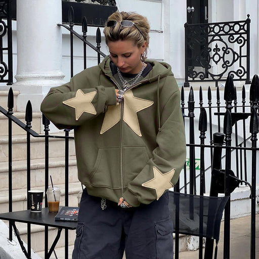 Color-Street Five Pointed Star Patch Zipper Large Pocket Hooded Loose Large Hoody Autumn Winter Casual Coat-Fancey Boutique