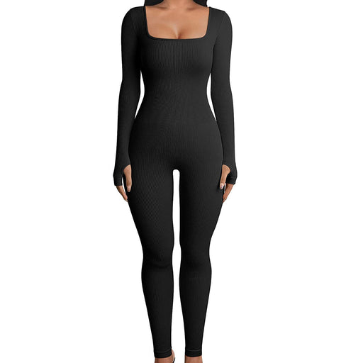 Color-Black-Women Clothing Jumpsuit Autumn Winter Thread Square Collar Hip Raise Slim Fit Sexy Jumpsuit-Fancey Boutique