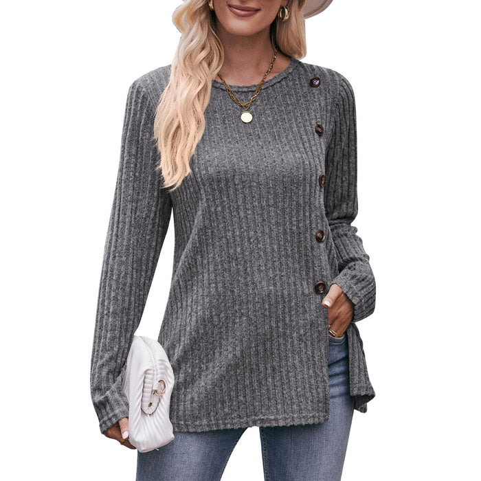 Color-Dark Grey-Women Solid Color round Neck Sunken Stripe Brushed Slit Button T shirt-Fancey Boutique