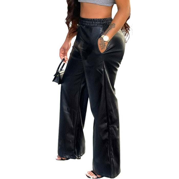 Color-Women Clothing Solid Color Loose Wide Leg Pocket Faux Leather Pants-Fancey Boutique