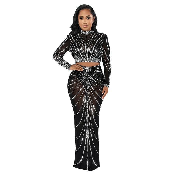 Color-Black-Women Wear Mesh Drilling See through Long Sleeve Dress Two Piece Set-Fancey Boutique
