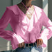 Color-French Ruffled Solid Color V neck Puff Sleeve Shirt Spring Autumn Niche Design All Matching Top-Fancey Boutique