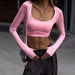 Color-Sexy Long Sleeves Cropped T shirt Fall Women Clothing Solid Color U Collar Short Top-Fancey Boutique