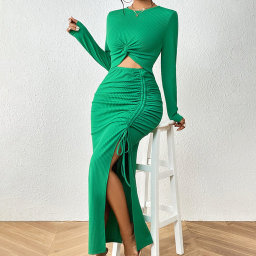 Color-Fall Winter Sexy Solid Color round Neck Hollow Out Cutout out Cinched Long Sleeve Narrow Split Suit-Fancey Boutique