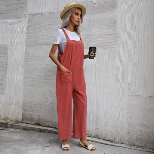 Color-Summer Trendy Cotton Linen Solid Color Sleeveless Sling Jumpsuit for Women-Fancey Boutique
