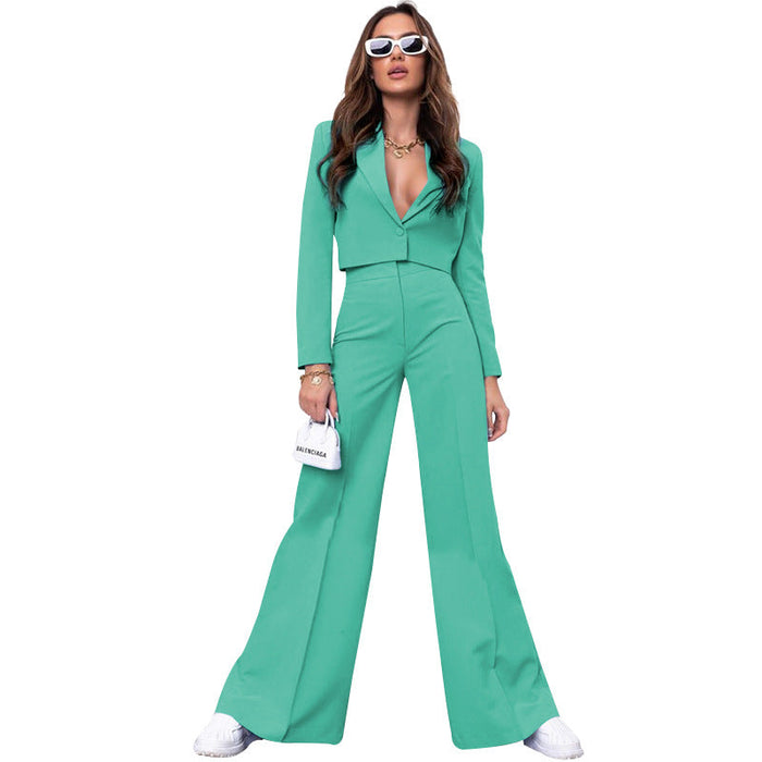 Color-Blue-Autumn Winter Solid Color Short Long Sleeve Small Suit High Waist Wide Leg Pants Suit-Fancey Boutique