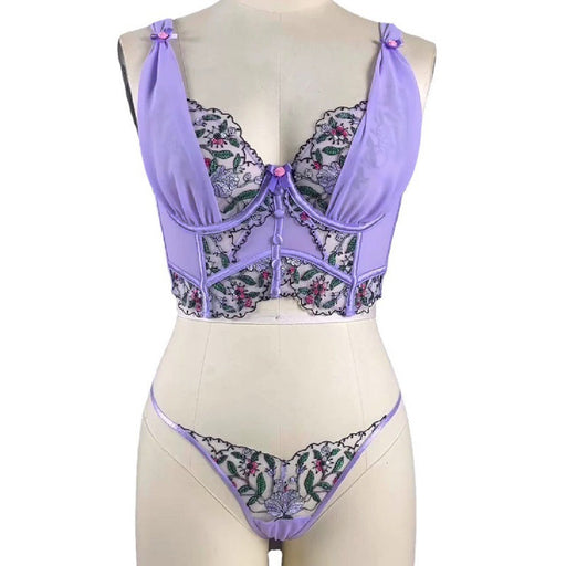 Color-Purple-Sexy Embroidered Underwear Women Boning Corset Corset Thin Full Cup Victoria Tight Vest Bra Set-Fancey Boutique