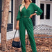 Color-Green-Autumn Winter Women Casual V neck Long Sleeve Belt Fitted Waist Jumpsuit Women-Fancey Boutique
