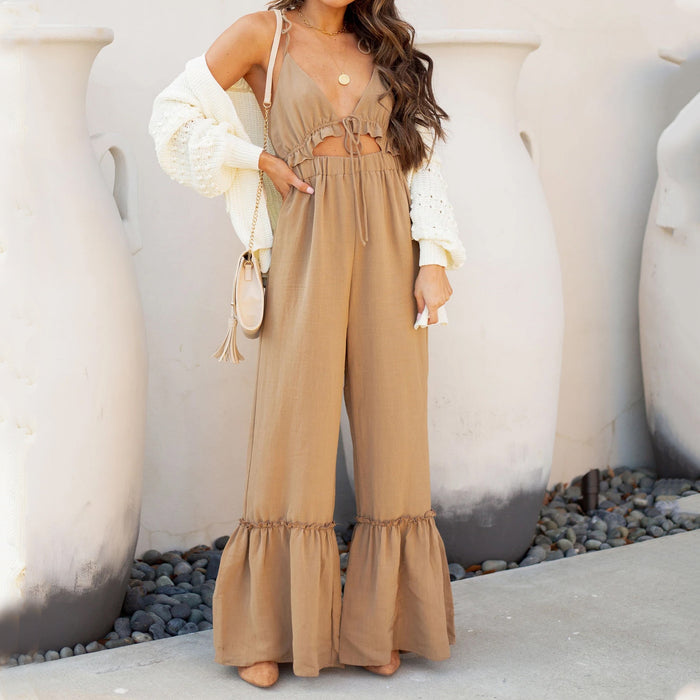 Color-Khaki-Summer Solid Color Sexy Jumpsuit Strap Horn Jumpsuit for Women-Fancey Boutique