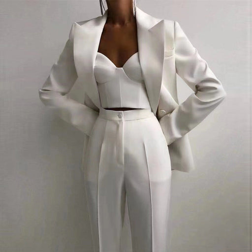 Color-White-High Quality Casual Office Business Women plus Bra Pants Blazer Suit Set-Fancey Boutique