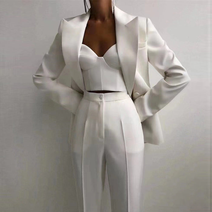 Color-White-High Quality Casual Office Business Women plus Bra Pants Blazer Suit Set-Fancey Boutique