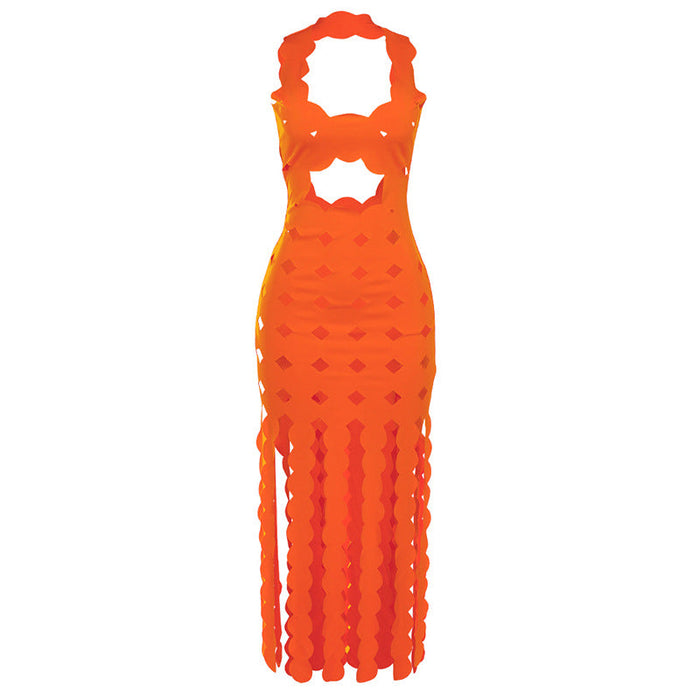 Color-Orange-Summer Women Clothing Sexy Sleeveless Hollow Out Cutout High Waist Slim Slimming Maxi Dress-Fancey Boutique