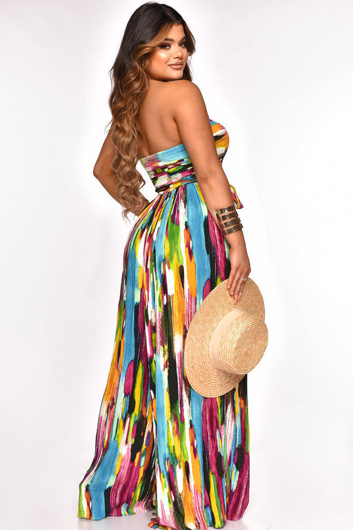 Color-Popular Painted Print Wrapped Chest Nipped-Waist Casual Vacation Jumpsuit-Fancey Boutique