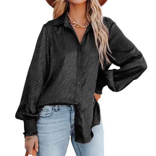 Color-Black-Women Clothing Zebra Pattern Collared Breasted Loose Top Lantern Long Sleeve Shirt for Women-Fancey Boutique