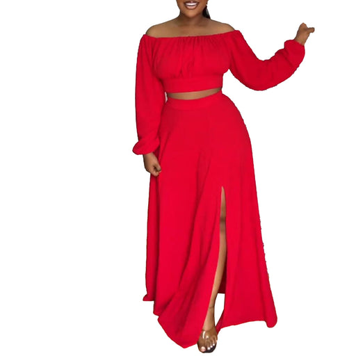 Color-Red-Solid Color Off Shoulder High Waist Slit Large Skirt Lantern Sleeve Two Piece Skirt-Fancey Boutique
