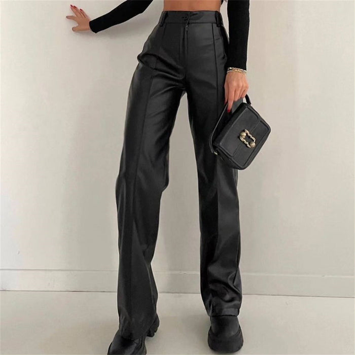 Color-Women Clothing Faux Leather Trousers Autumn Winter Casual Pants Fried Street Cool Straight Leg Pants Figure Flattering Leather Pants Women-Fancey Boutique