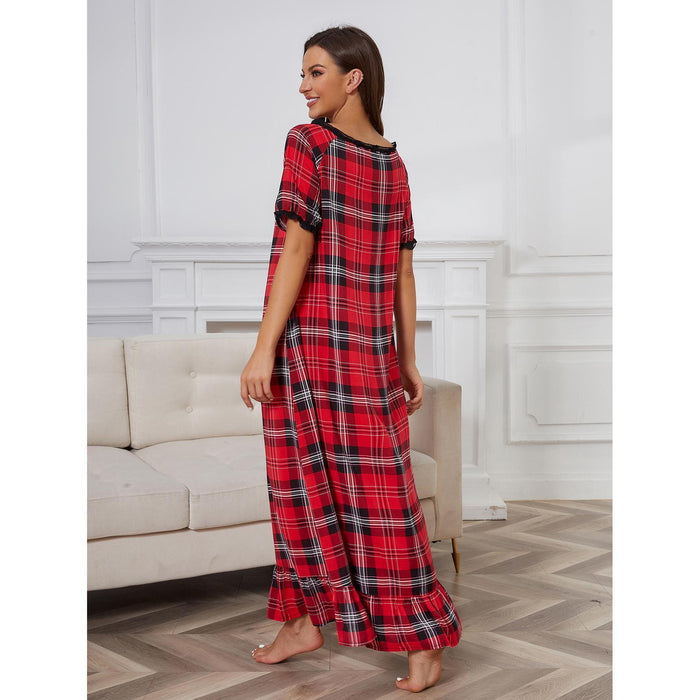 Color-Nightdress Women Short Sleeved Red Plaid Home Pajamas Women-Fancey Boutique