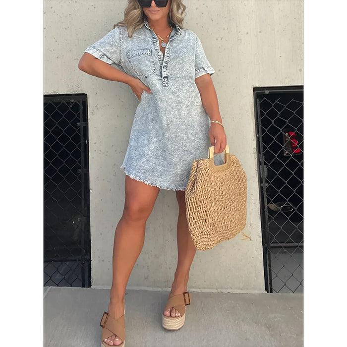 Color-Summer Shirt Collar Denim Tassel Hem Dress Short Dress-Fancey Boutique