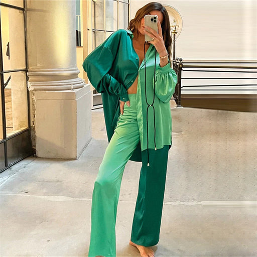 Color-Spring Summer Satin Two Piece Set Colorblock Women Clothing Oversized Shirt Casual Straight Pants Set-Fancey Boutique