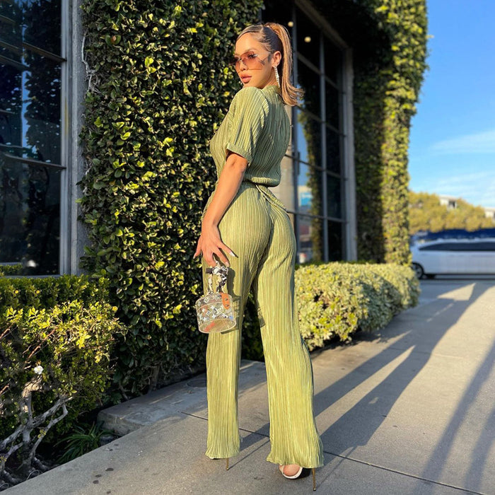 Color-Summer French Office Green Short Sleeve Shirt Casual Pleated High Waist Wide Leg Pants Suit textured-Fancey Boutique