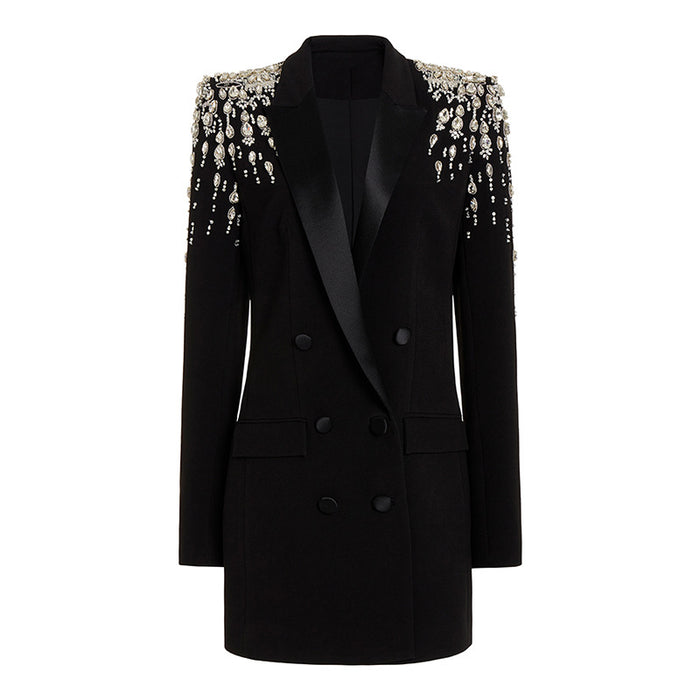 Color-Star Handmade Gorgeous Heavy Industry Beads Diamond Embedded Slim Fit Long Blazer-Fancey Boutique